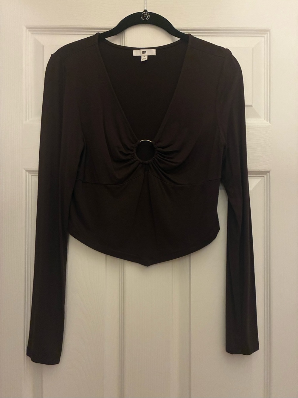 bp Dark Brown Long Sleeve V-Neck Top with Center Ring